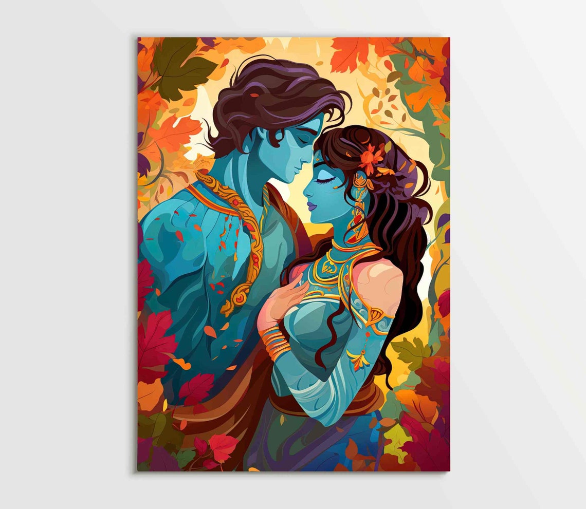 Krishna and Radha Divine Embrace Among Autumn Leaves Art Poster - Image 5