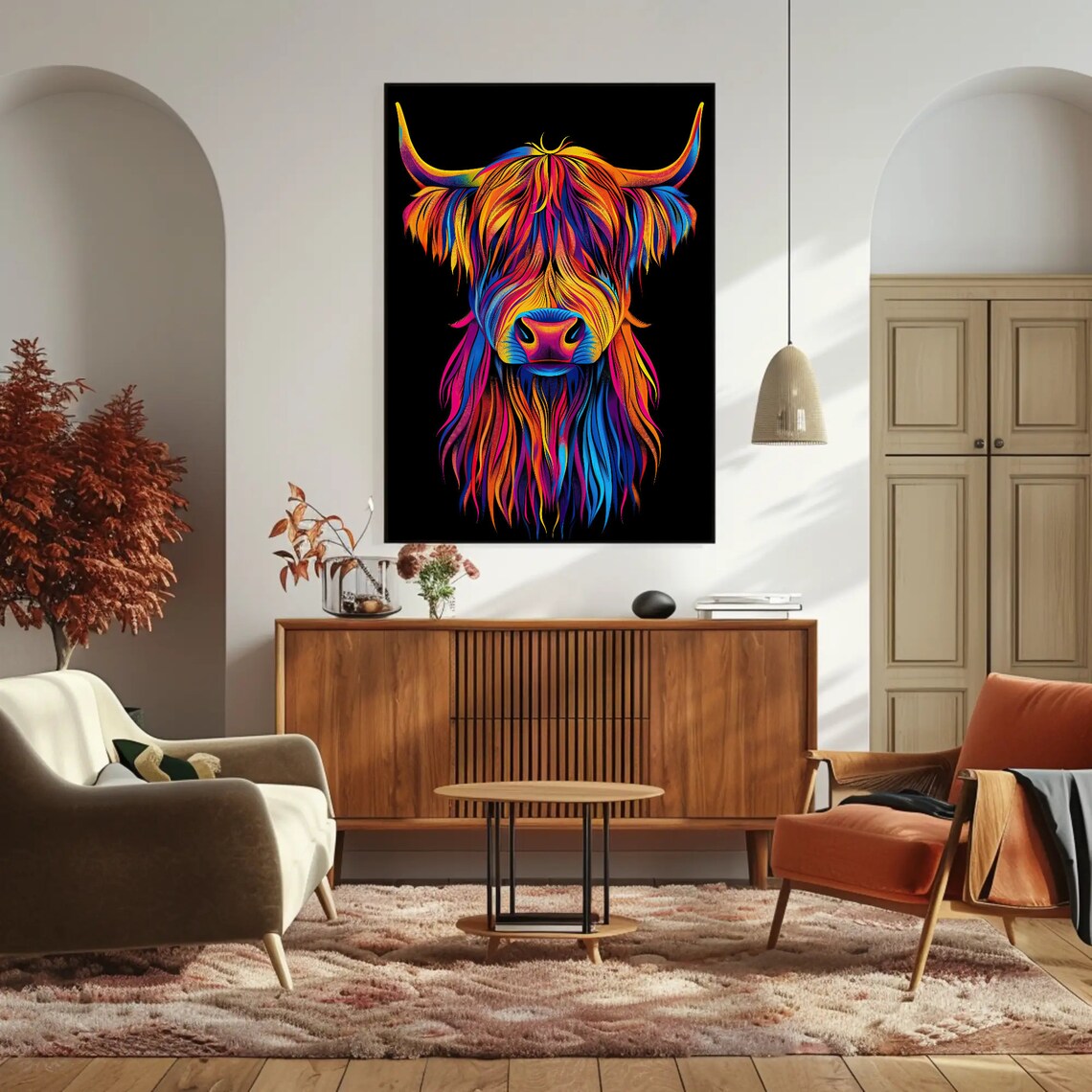 Colorful Neon Highland Cow Head Black Background Animal Poster - Image 4