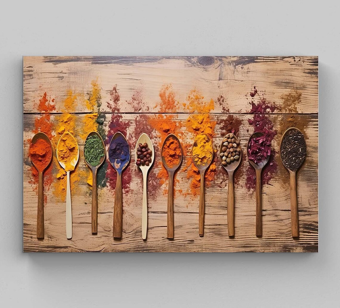 Colorful Spices in Wooden Spoons on Rustic Wood Kitchen Art Poster
