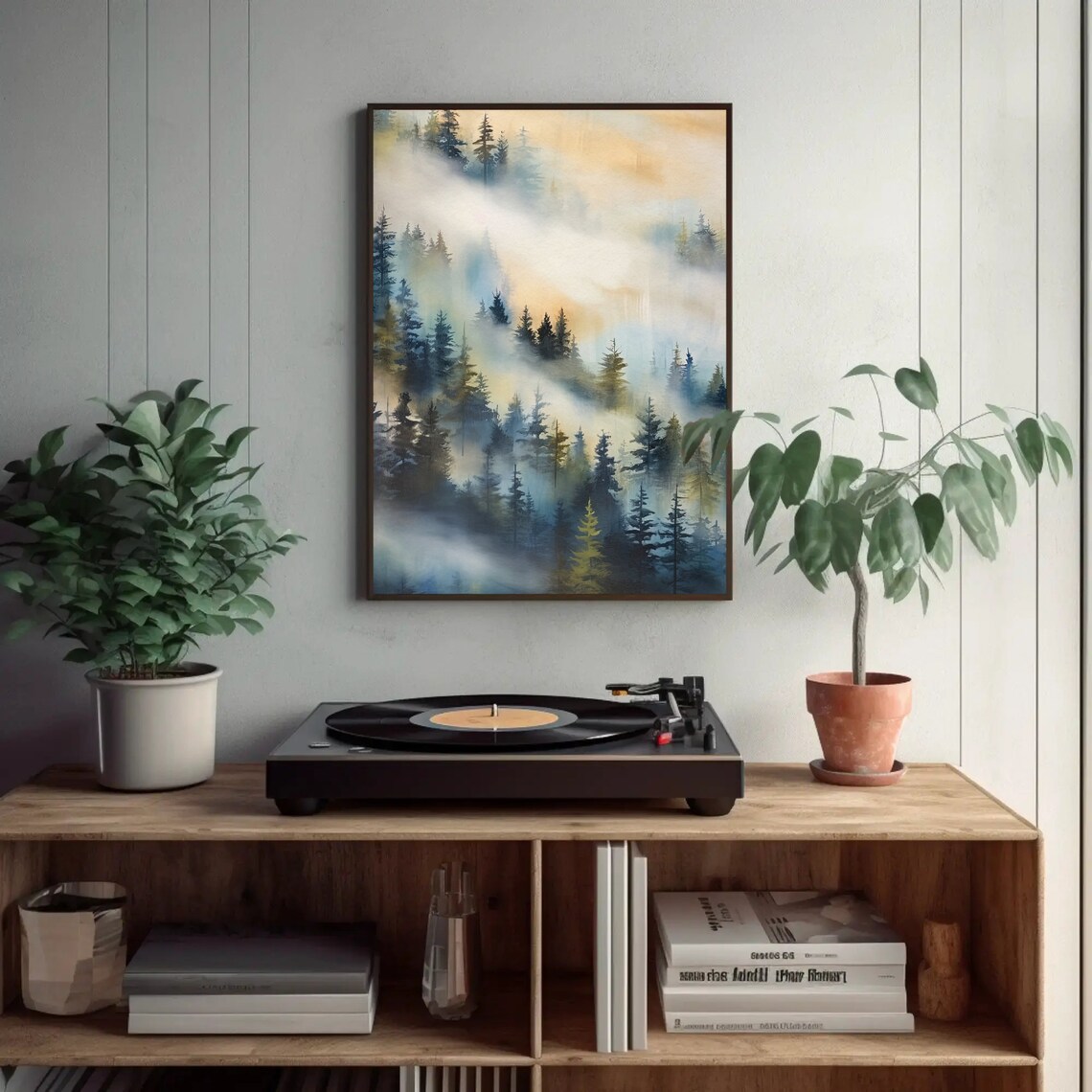 Misty Evergreen Forest Watercolor Foggy Morning Scene Poster - Image 2