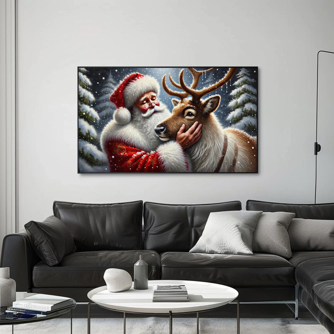 Santa Claus Hugging A Reindeer In The Snow Winter Night Poster - Image 4