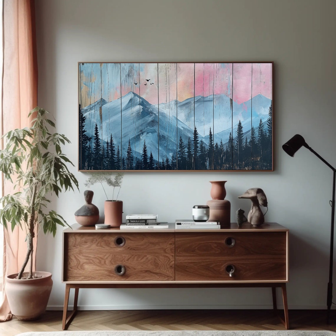 Blue Mountain Peaks on Rustic Wood Plank Texture Painting Poster - Image 4