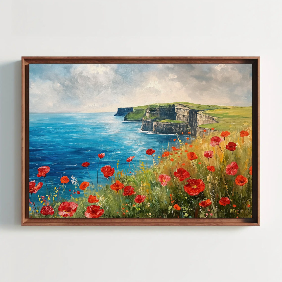 Cliffs of Moher Ireland Watercolor with Red Poppies Wall Poster
