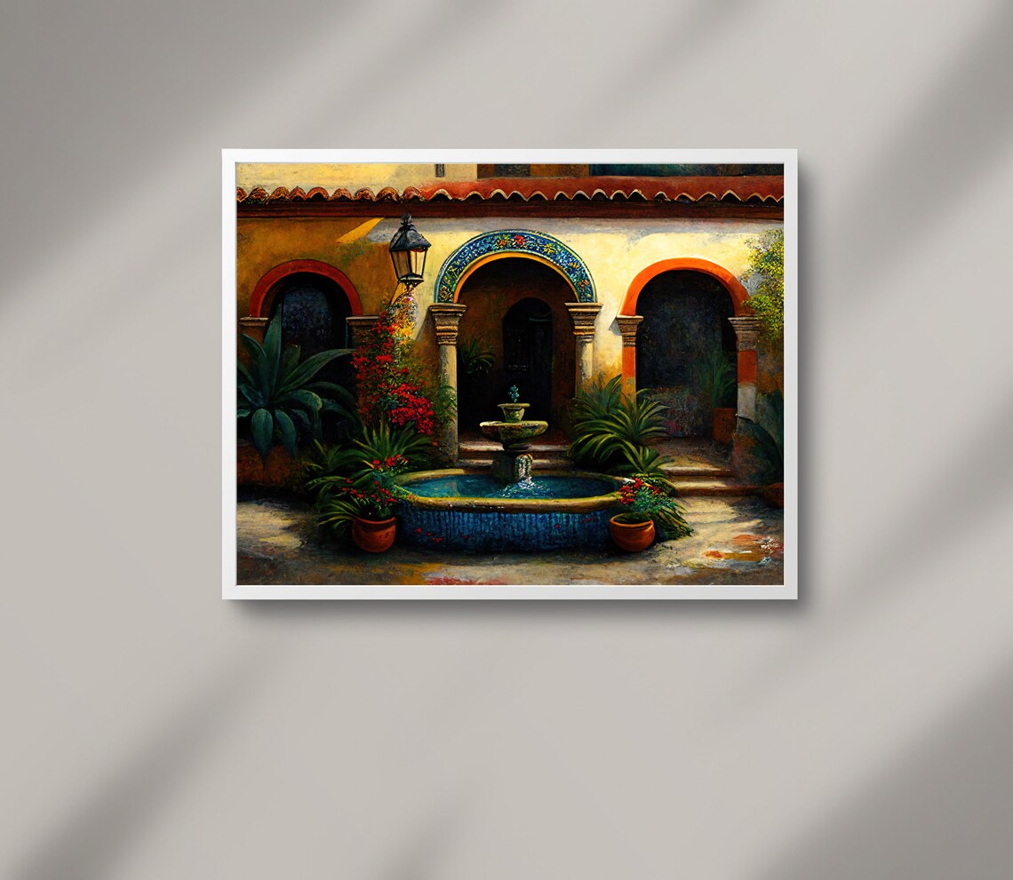 Mexican Courtyard Garden Oil Painting Art Print - Image 2