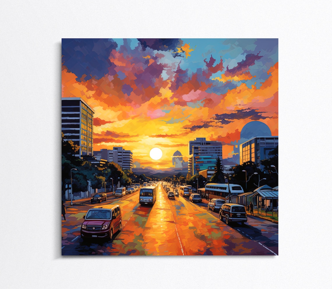 Abuja Nigeria City Avenue Fiery Orange Sunset Painting Poster