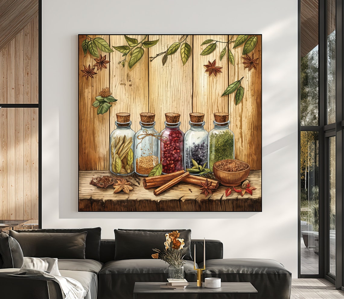 Vintage Glass Spice Jars Rustic Wooden Shelf Kitchen Wall Print - Image 4