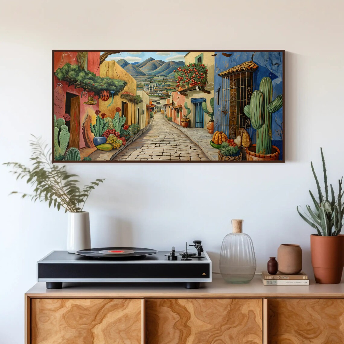 Mexican Cobblestone Street Colorful Houses Cacti Painting Poster - Image 3
