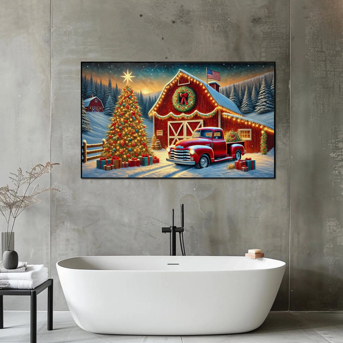 Vintage Red Truck And Red Christmas Barn With Flag Scene Poster - Image 3