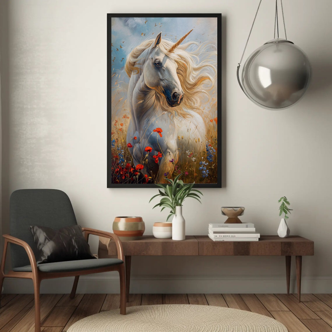White Unicorn Close-Up Portrait Poster Among Poppies Under Blue Sky - Image 5