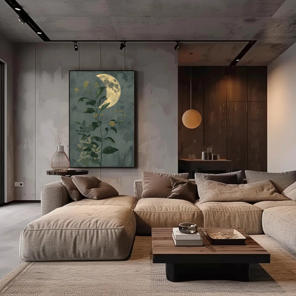 Crescent Moon Botanical Leaves Poster on Sage Green Background - Image 3