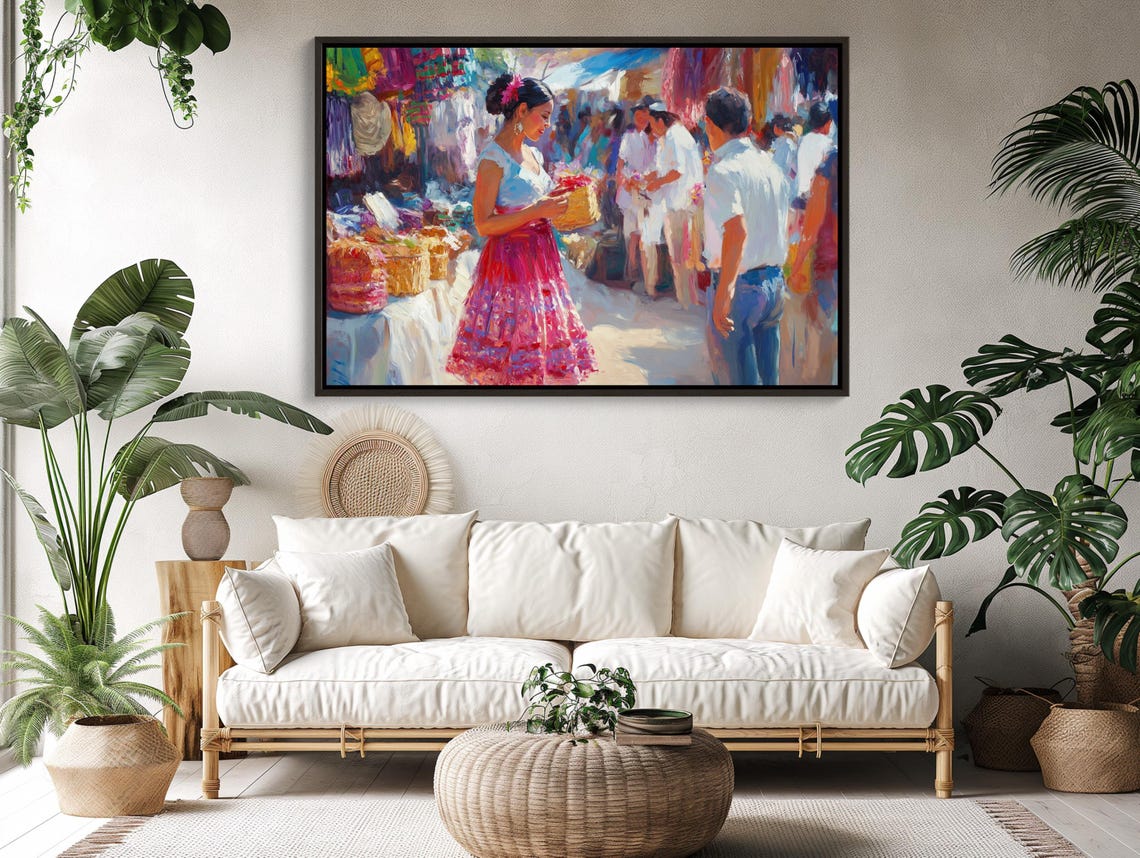 Mexican Woman In Market Print Colorful Mexican Market Art Cultural Wall Decor Traditional Mexican Painting Ready To Hang - Image 5