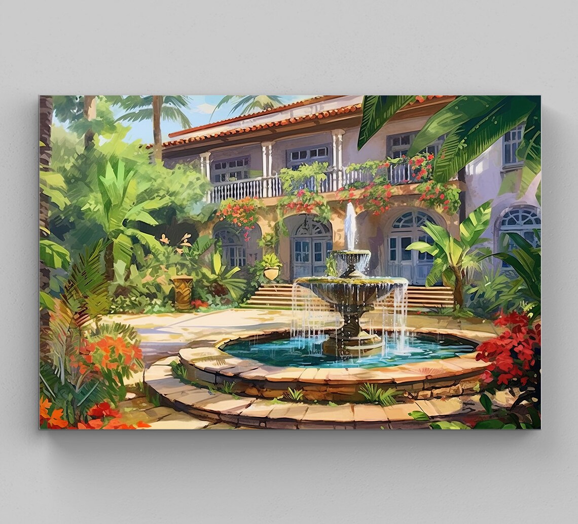 Mexican Colonial Home Fountain Palm Garden White Villa Art Poster