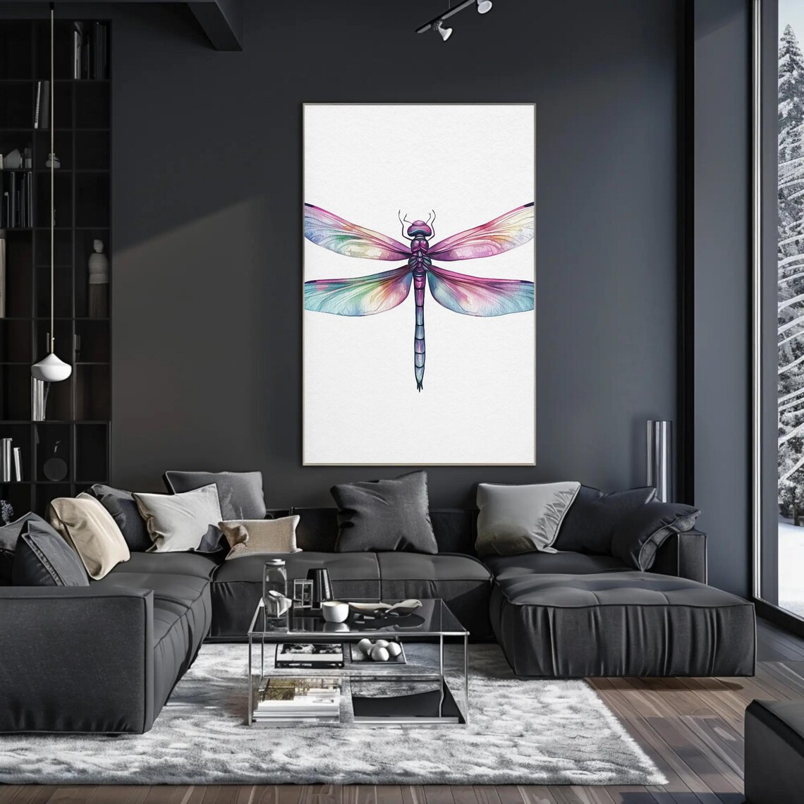 Iridescent Pink and Purple Dragonfly Watercolor on White Art Poster - Image 2