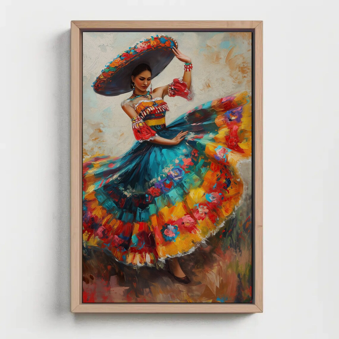 Mexican Folkloric Dancer Oil Painting Poster Traditional Floral Dress - Image 5
