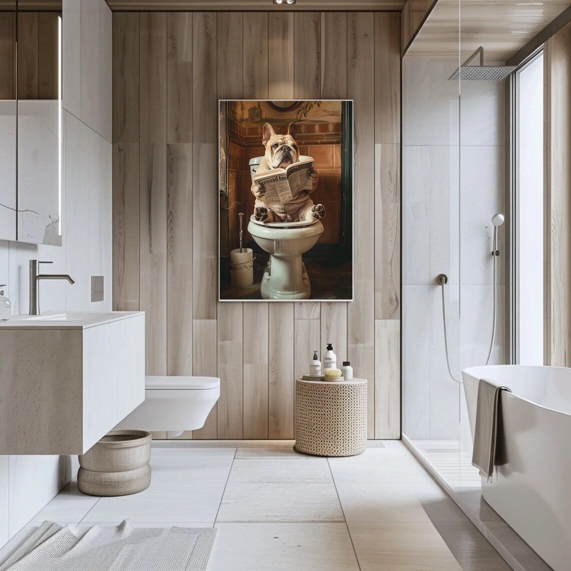 French Bulldog Reading Newspaper on Toilet Funny Bathroom Poster - Image 2