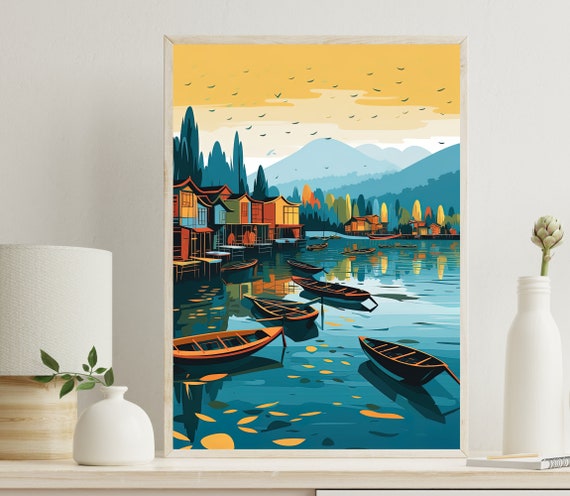 Dal Lake Modern Style Art Kashmir Print Indian Art Indian Painting Indian Wall Art Modern Indian Art Colorful Indian Art Srinagar