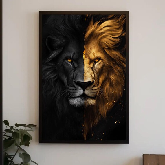 Black And Gold Lion Print Majestic Lion Abstract Wall Art Framed Luxury Wildlife Decor For Office Bedroom Or Living Room