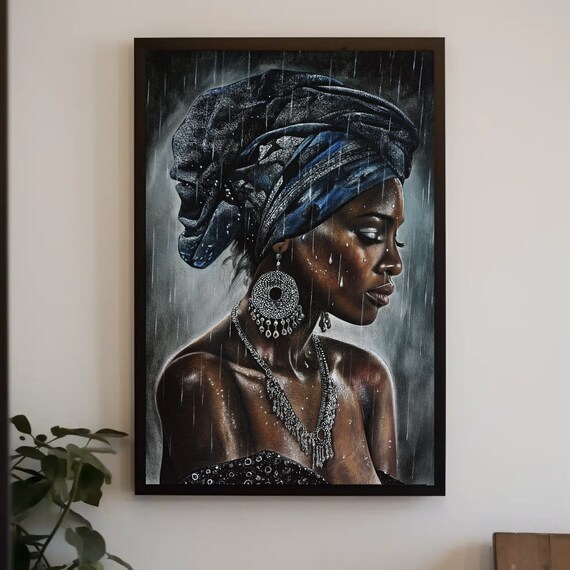 Exotic African Beauty In Rain Painting Framed Print Bohemian And African Decor Ready To Hang Living Room Or Bedroom Decor