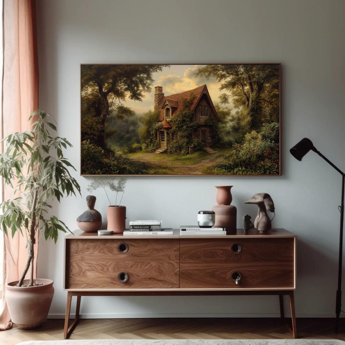 Victorian Stone Cottage in Forest at Sunset Vintage Art Poster - Image 4