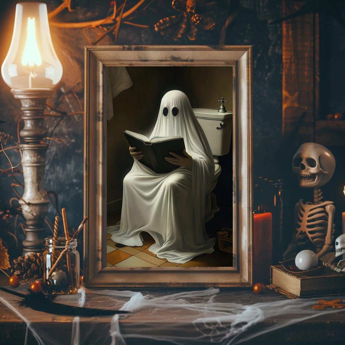 Ghost Reading Book on Toilet Funny Spooky Bathroom Humor Poster - Image 3