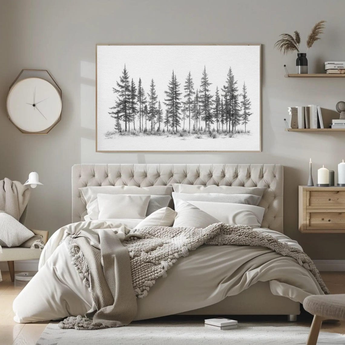 Minimalist Black And White Pine Tree Forest Sketch Art Poster - Image 2