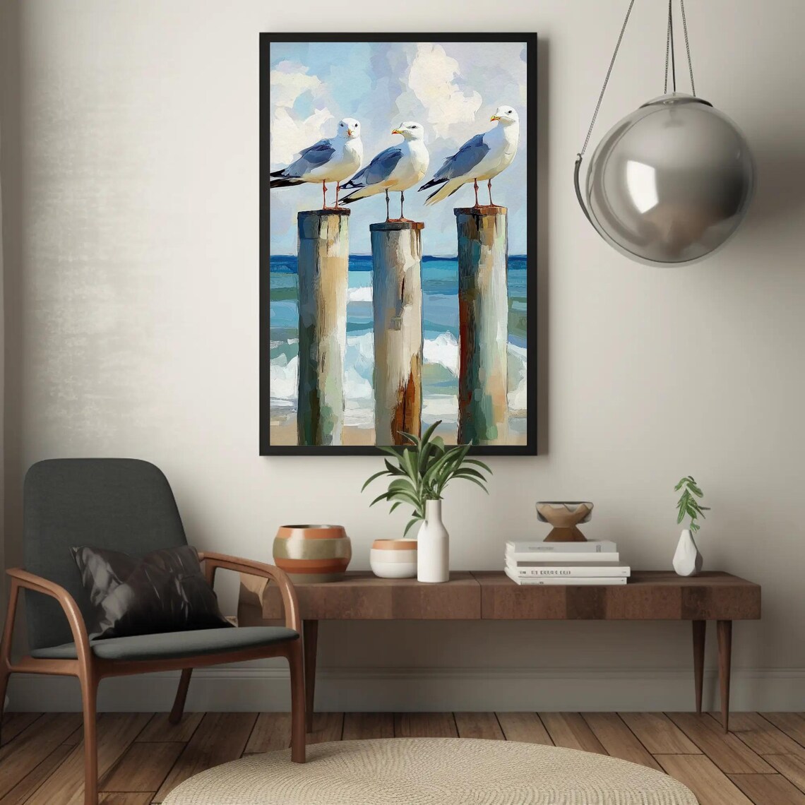 Three Seagulls On Wooden Pilings Coastal Ocean Painting Art Poster - Image 3