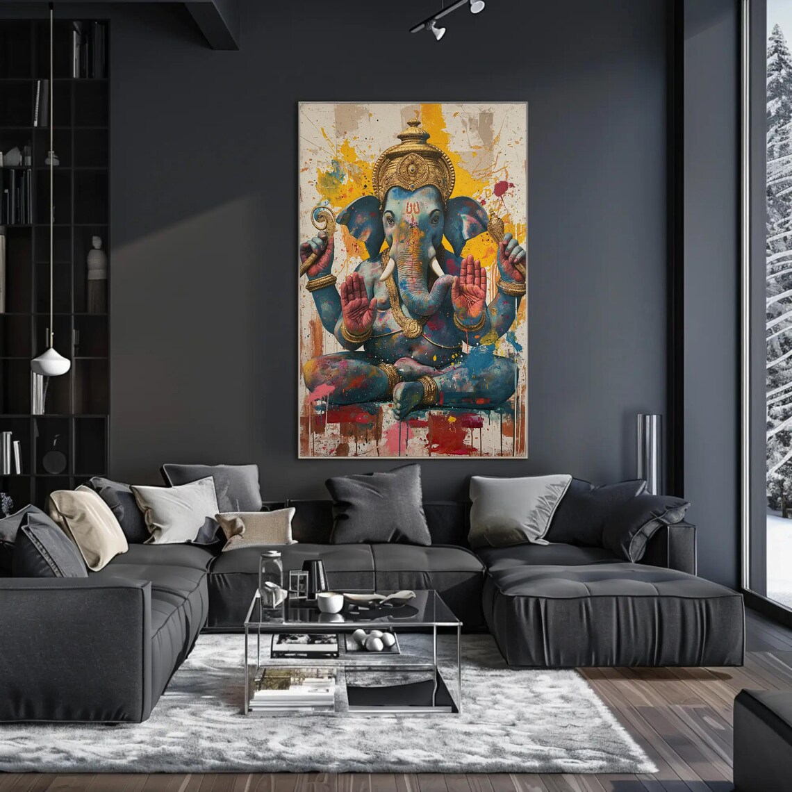 Colorful Ganesh Seated In Blessing Pose Paint Splash Art Poster - Image 3