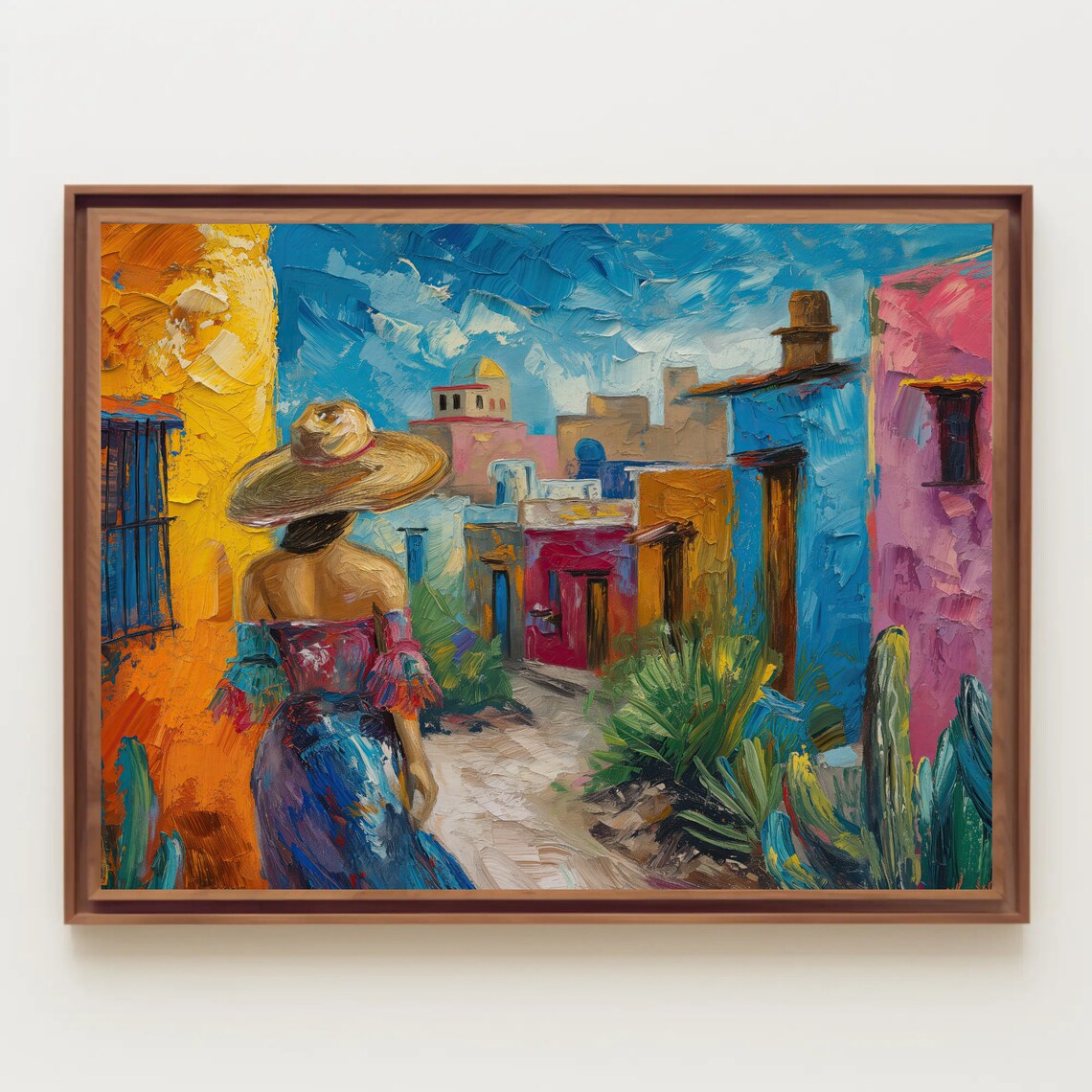 Mexican Woman Sombrero Colorful Village Street Oil Painting Poster - Image 5