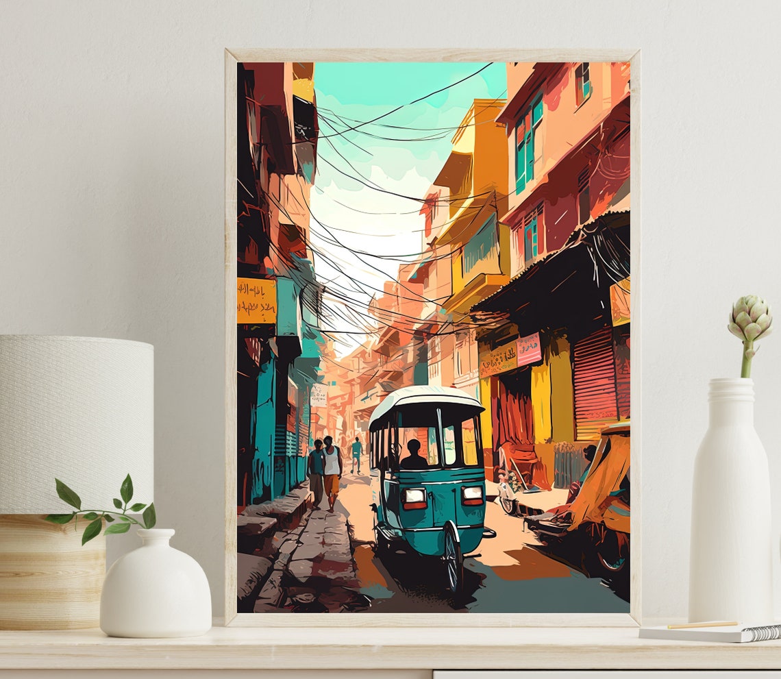 Delhi Street Landscape Print Delhi Painting Delhi Wall Art Indian Decor Indian Painting Indian Home Decor India Art Indian Print