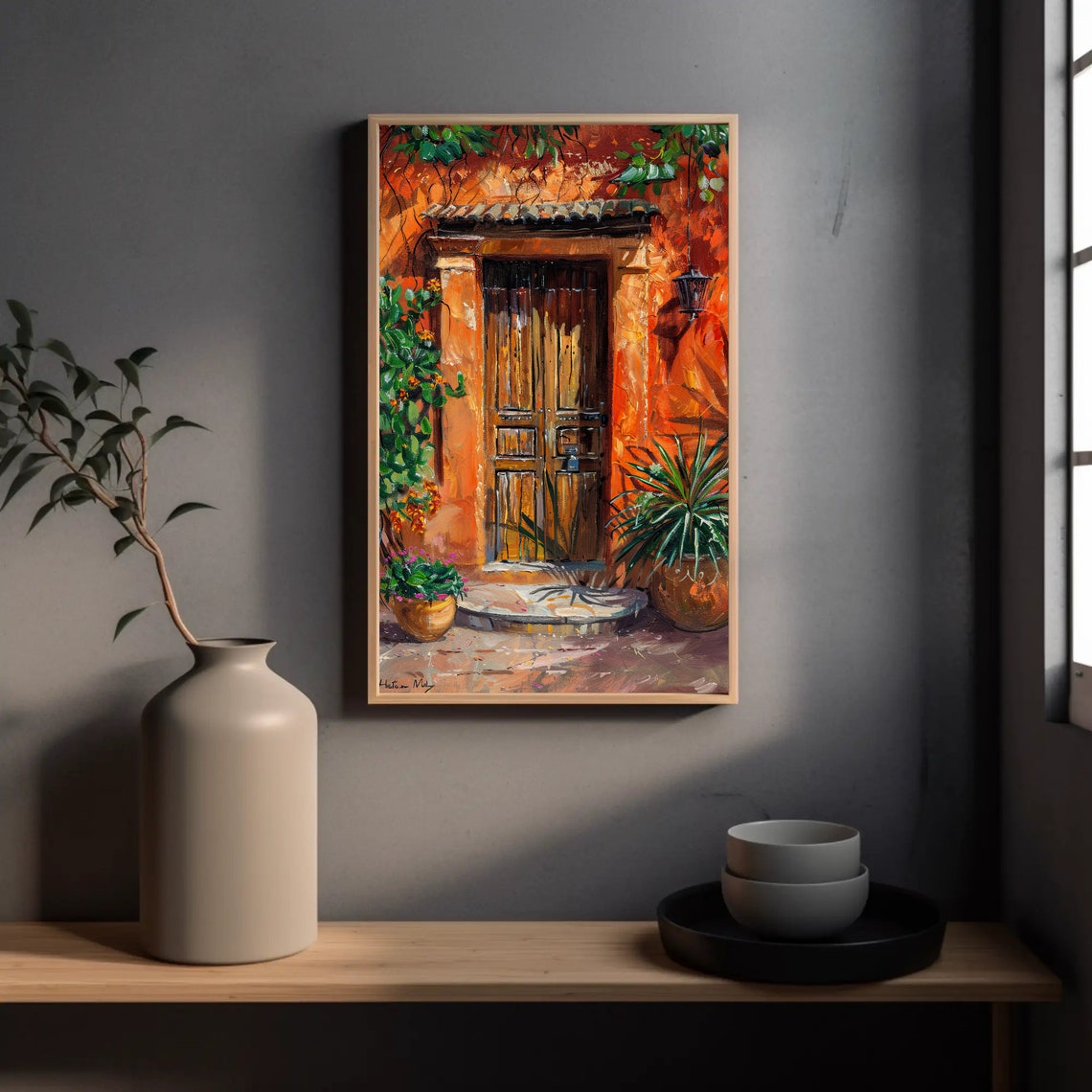 Rustic Mexican Wooden Door On Orange Adobe Wall Oil Painting Poster - Image 5