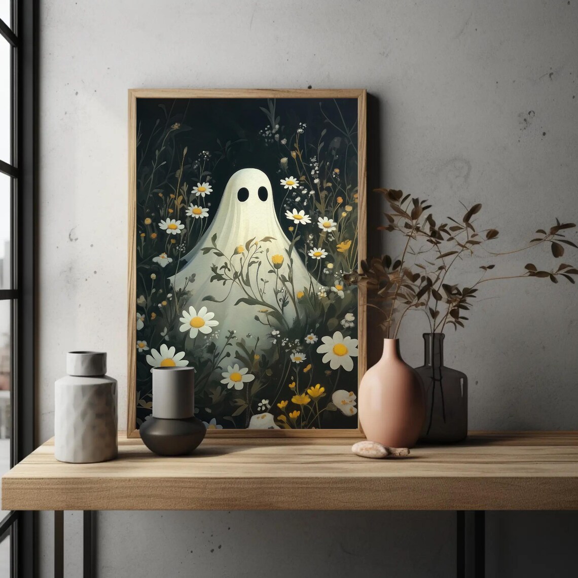 Cute Ghost Daisy Wildflower Field Dark Whimsical Spooky Halloween Poster - Image 4