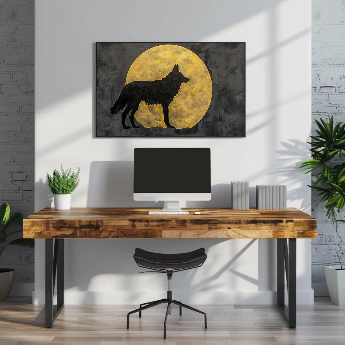 Black Wolf Silhouette Against A Large Golden Moon Night Poster - Image 2