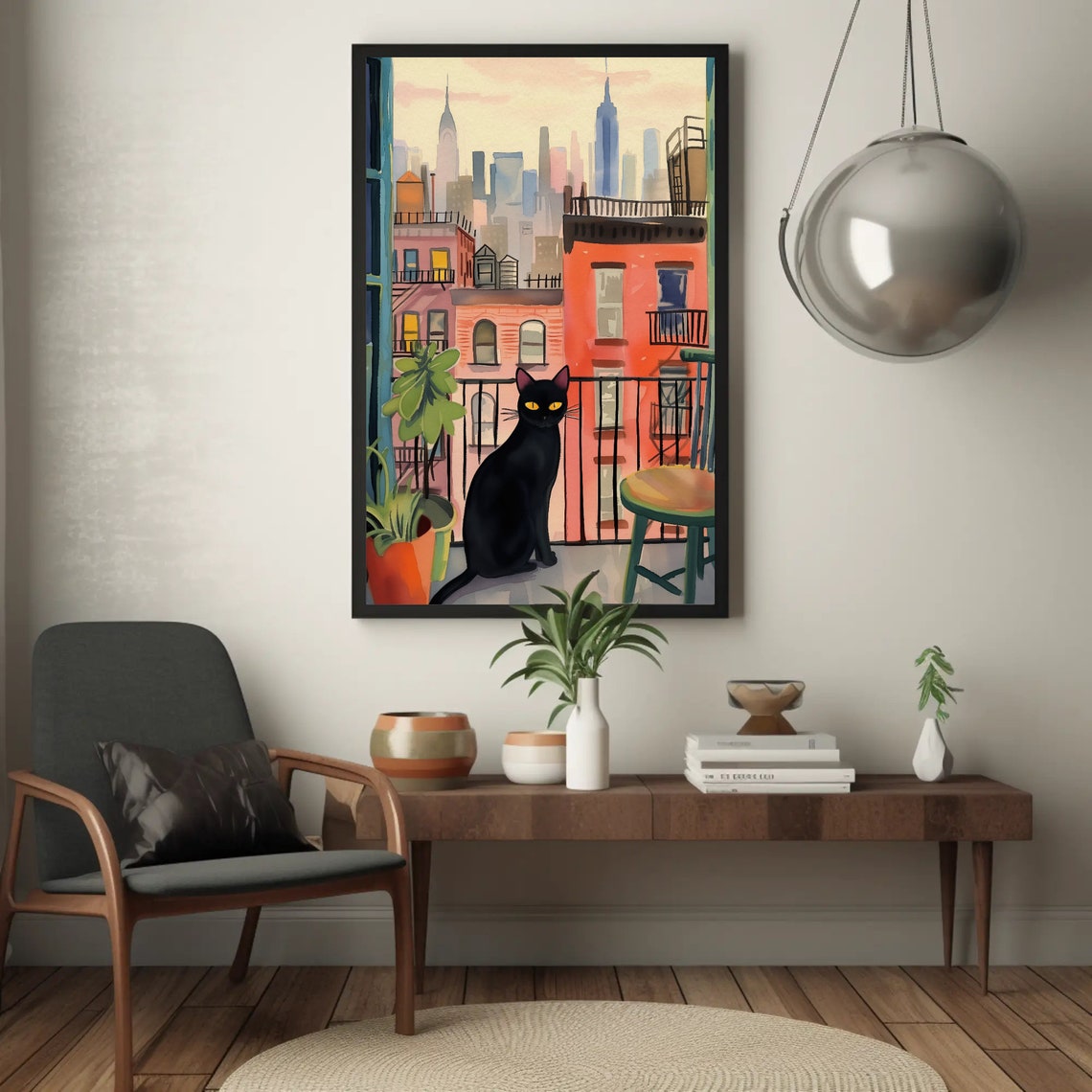 Black Cat on New York Balcony Manhattan Skyline Watercolor Poster - Image 3