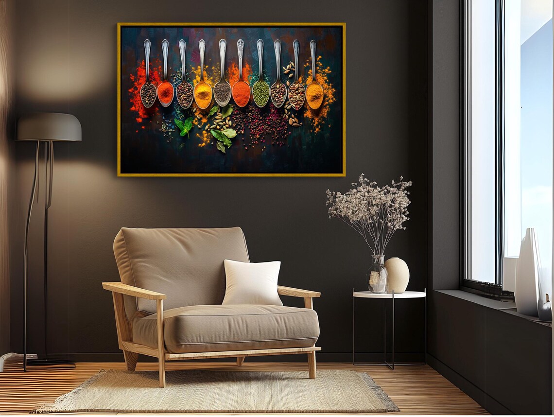 Colorful Spices In A Row Of Silver Spoons Kitchen Art Poster - Image 2