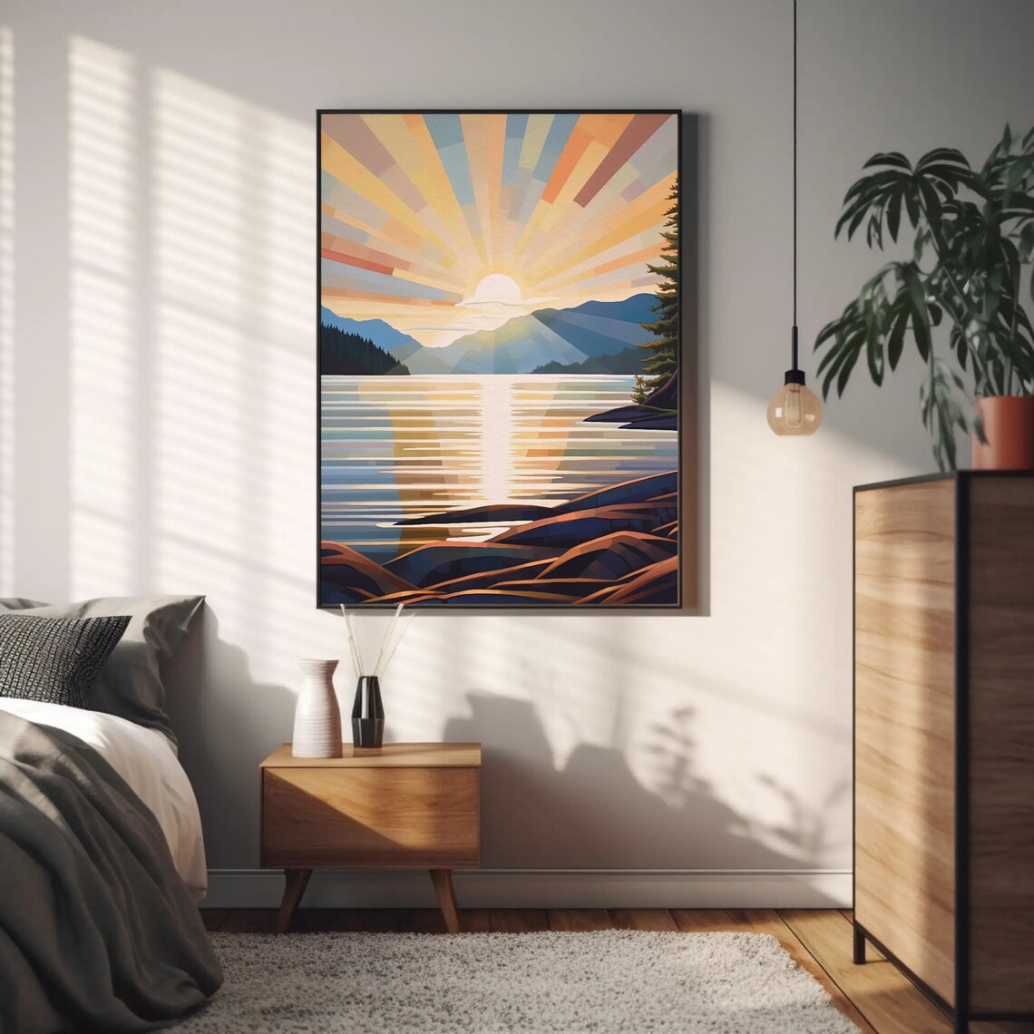 Geometric Sunrise Over Lake Mountains Art Deco Rays Art Poster - Image 4