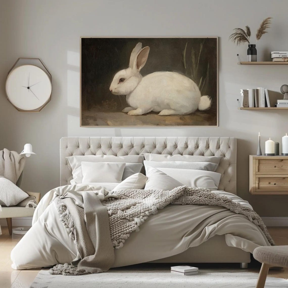 White Rabbit Crouching in Profile Vintage Oil Painting Poster - Image 2