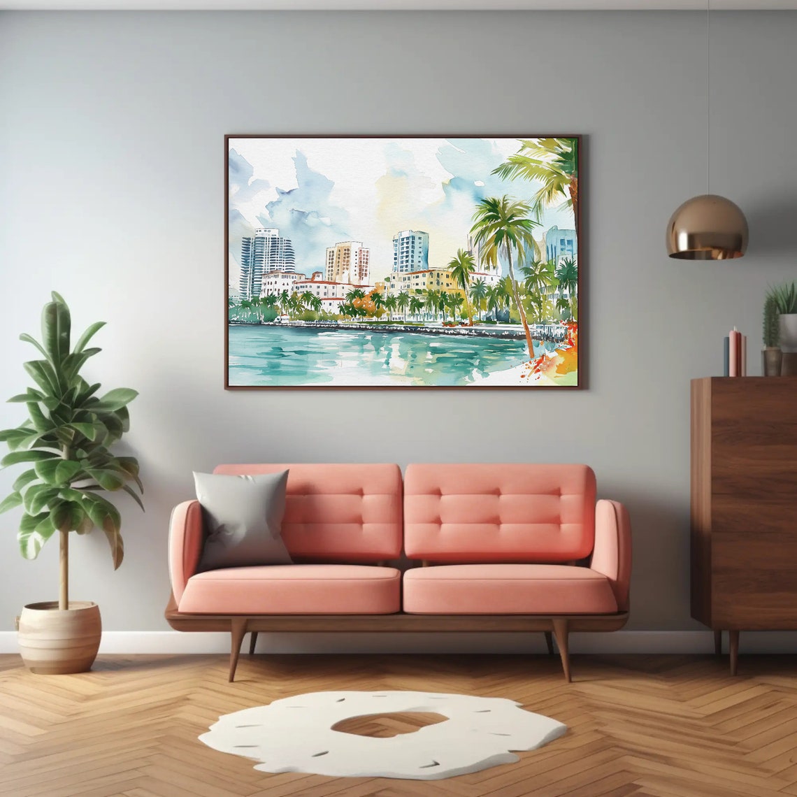 Miami Beach Palm Trees Waterfront Watercolor Sunny Skyline Poster - Image 3