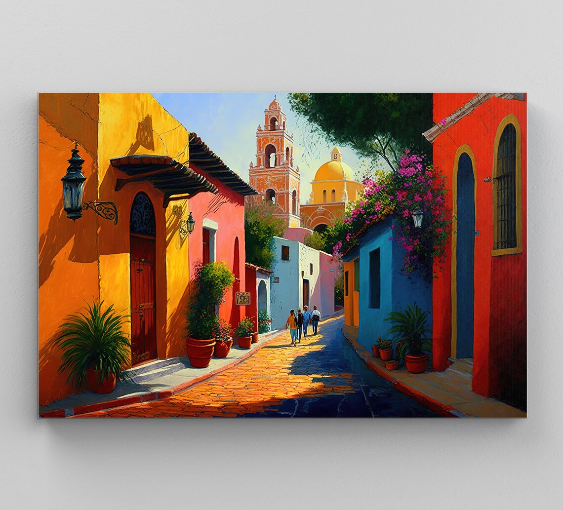Mexican Village Art Print, Colorful Wall Decor