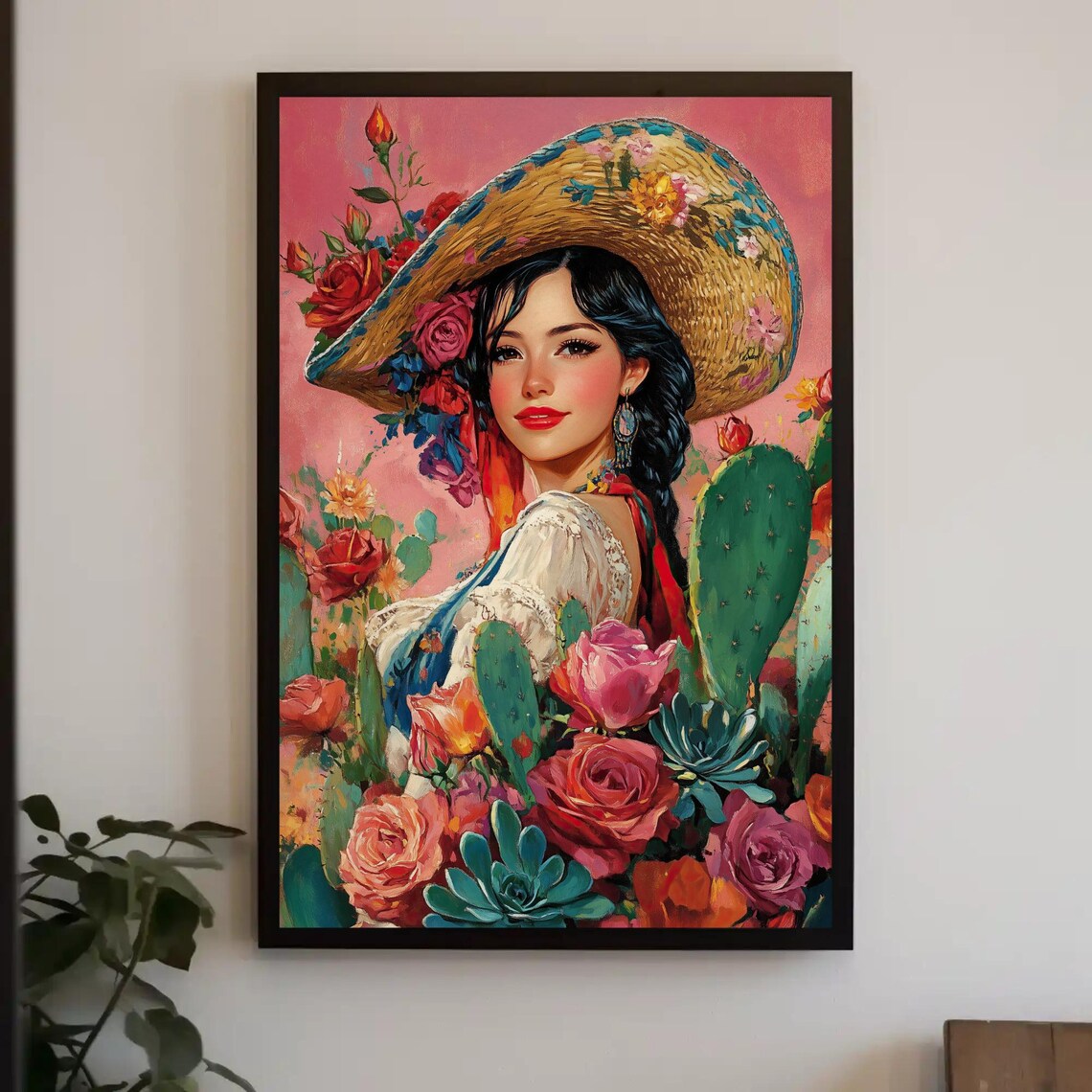 Mexican Cowgirl With Cacti And Flowers Print Colorful Mexican Home Decor Cultural Art For Mexican Girl Gift Ready To Hang