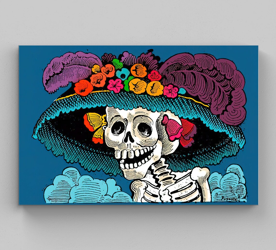 La Calavera Catrina Day Of The Dead Blue Mexican Folk Art Poster