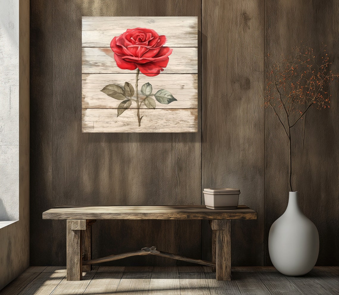 Single Red Rose Bloom On Whitewashed Wood Botanical Wall Print - Image 5