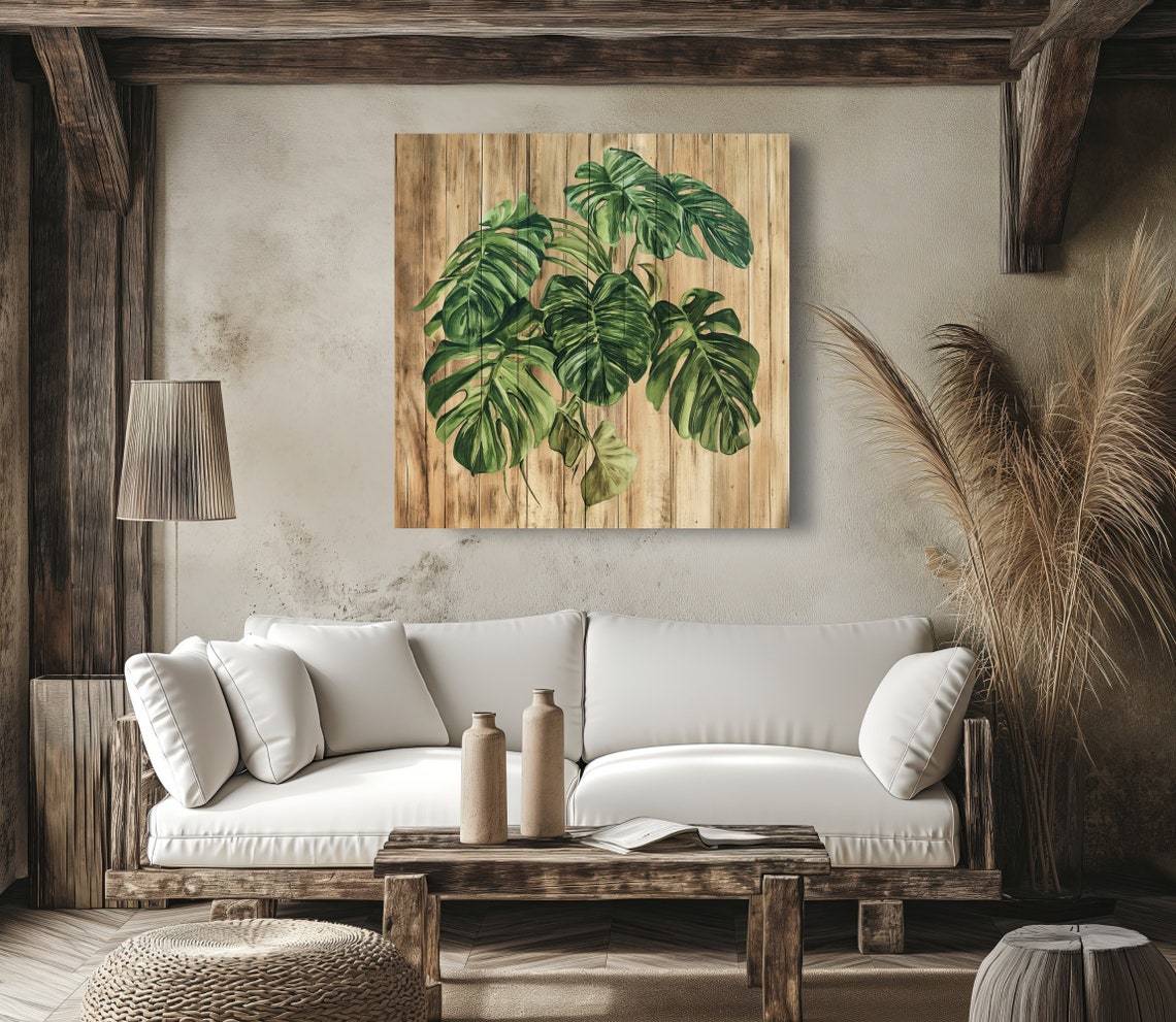 Monstera Deliciosa Leaves on Rustic Wood Botanical Farmhouse Poster - Image 5