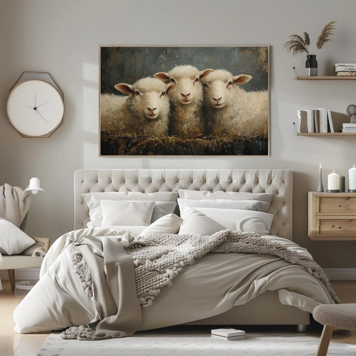 Three Smiling Sheep in Straw Against a Blue Gray Backdrop Poster - Image 2