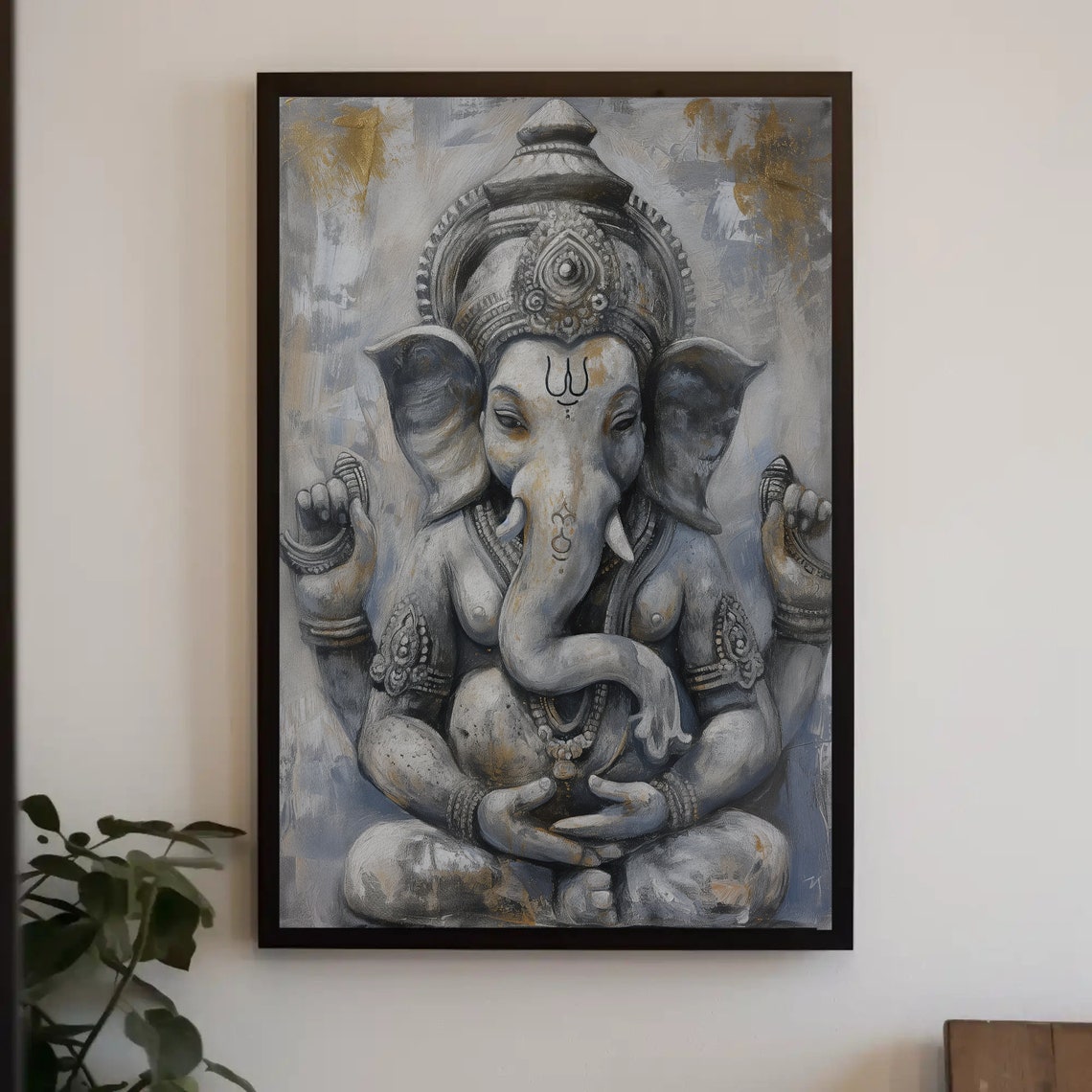 Lord Ganesha Seated Grey Gold Stone Statue Sacred Spiritual Poster