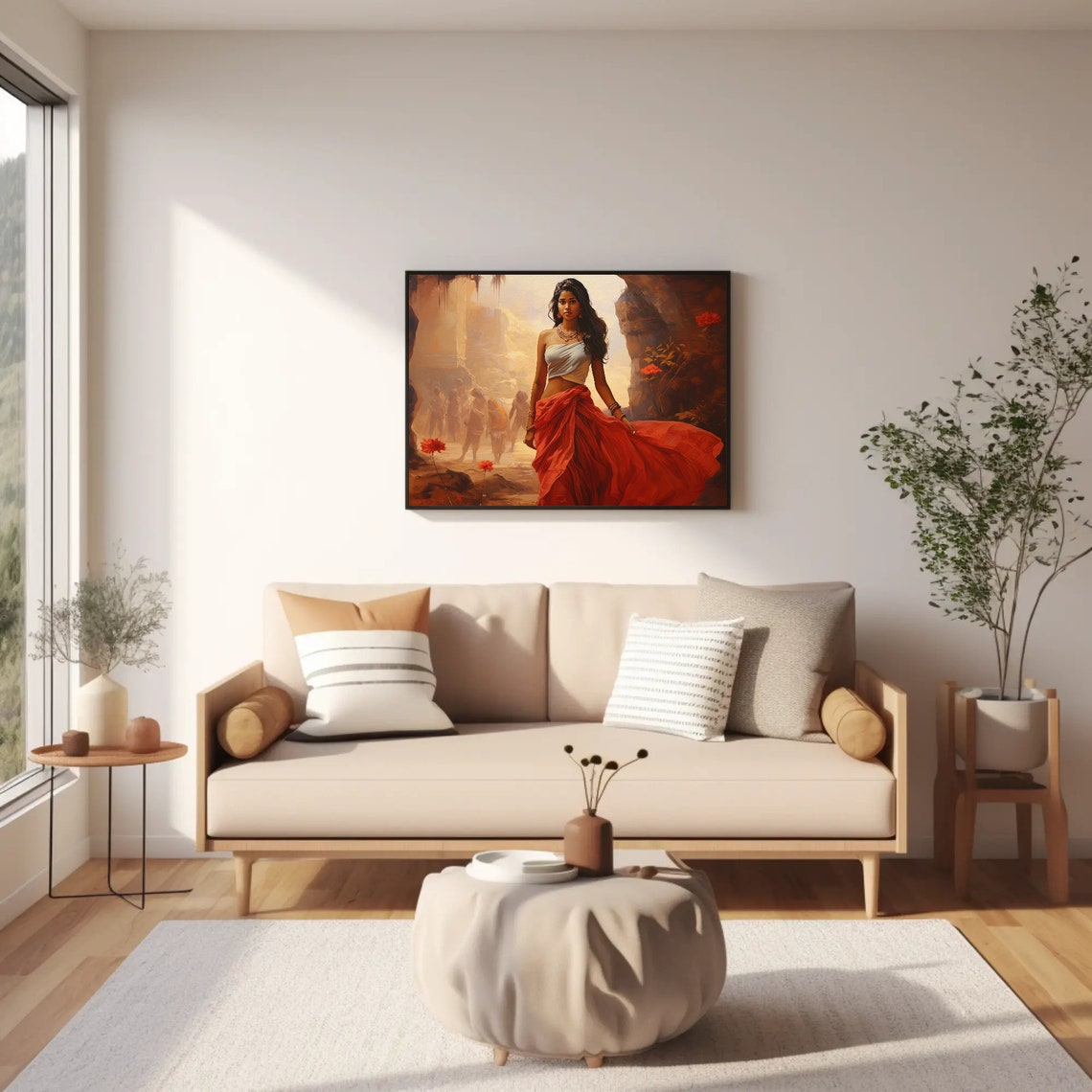 Indian Woman in Flowing Red Sari Walking Ancient Rocky Valley Poster - Image 3