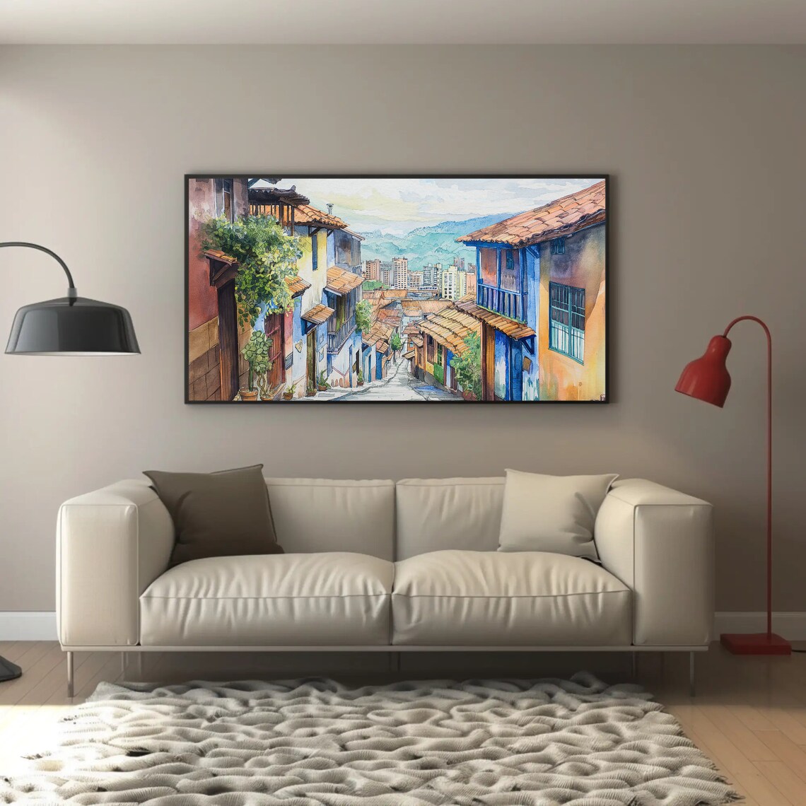 Medellin Colombia Colonial Street Watercolor Travel Scenic Poster - Image 2
