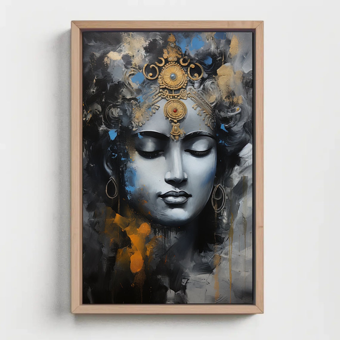 Lord Krishna Portrait Golden Crown Blue Grey Abstract Poster - Image 5