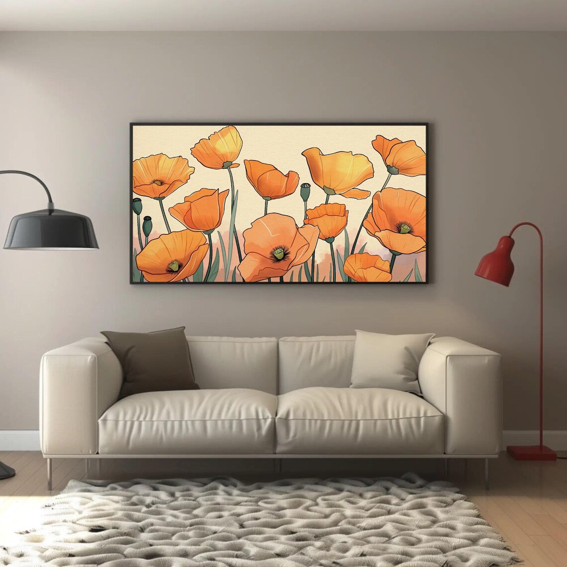 Bright Orange California Poppies Wildflower Illustration Poster