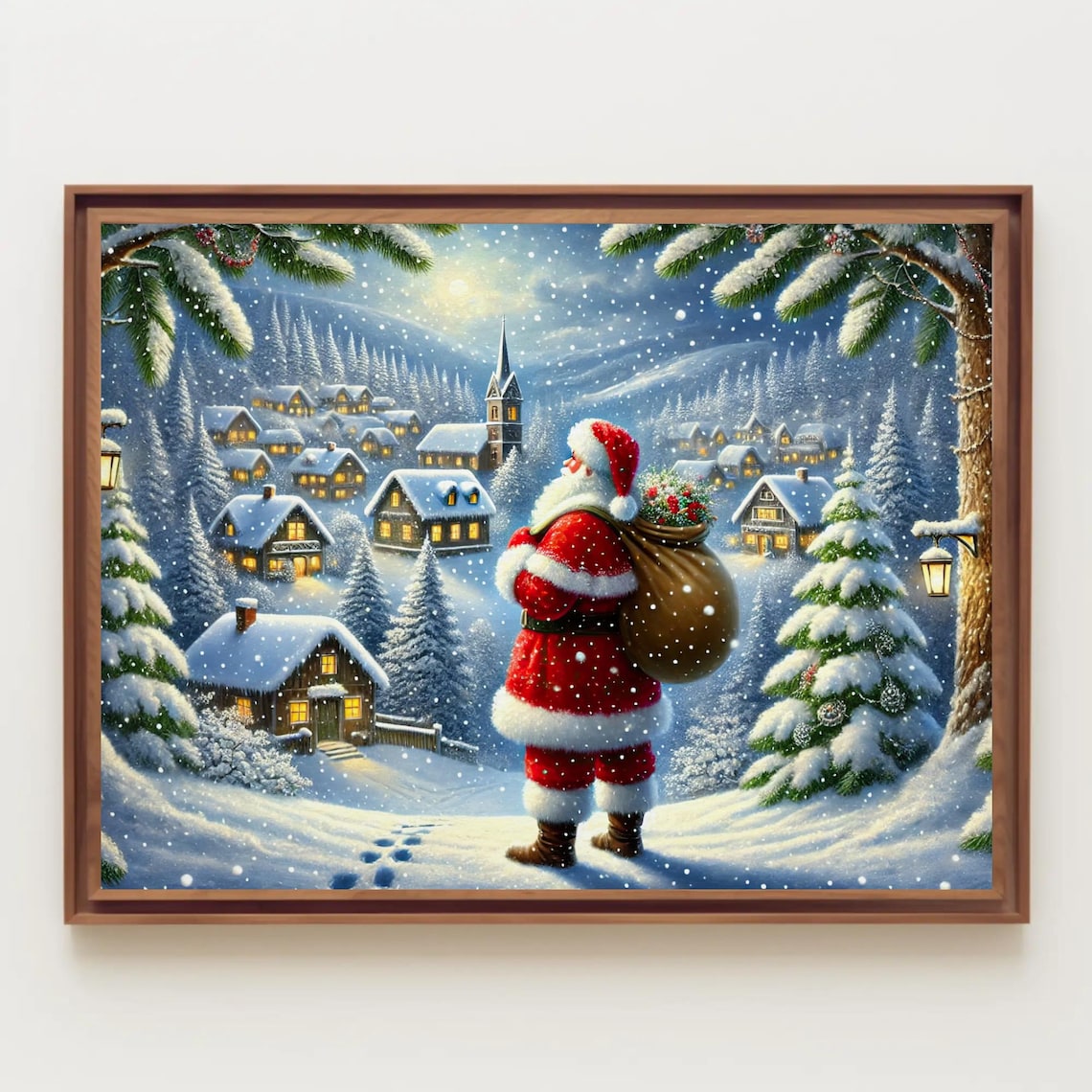 Santa Claus Walking Toward A Snowy Village Under Moonlight Poster