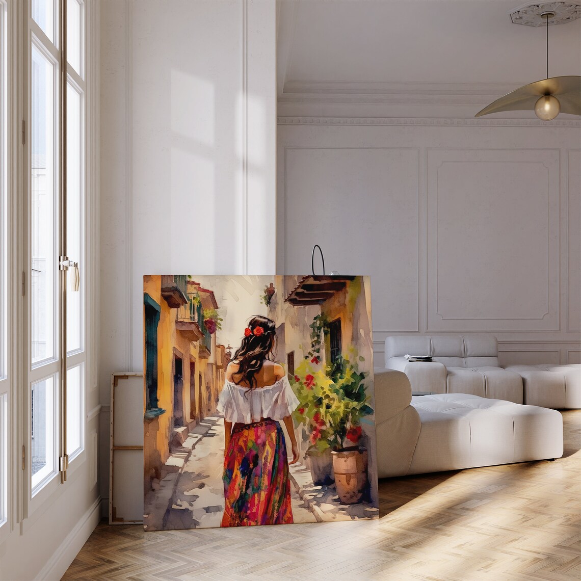 Mexican Woman In Colorful Skirt Walking A Sunlit Old Town Alley Poster - Image 4